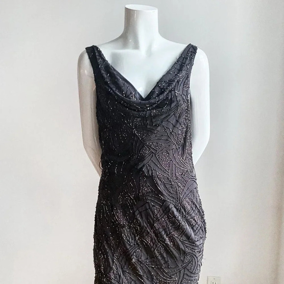 Frank Usher Sequin Embellished Bronze Asymmetrical Low BAck Cowl Neck Gown 8 - Picture 2 of 13